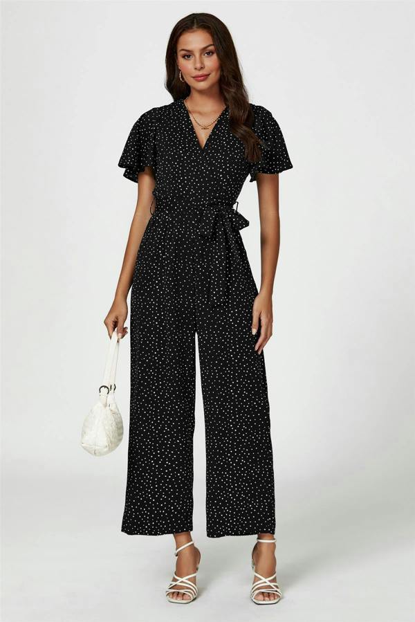 FS Collection Dot Print Wrap Top Jumpsuit In Black