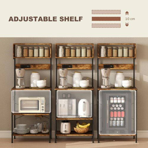 Wyld Haus Raco Kale Wooden Rustic Brown Bakers Rack With Power Outlet USB Charging And Adjustable Shelves