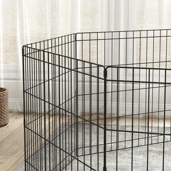 Black eight-panel metal playpen corner with thick wire bars and latch post