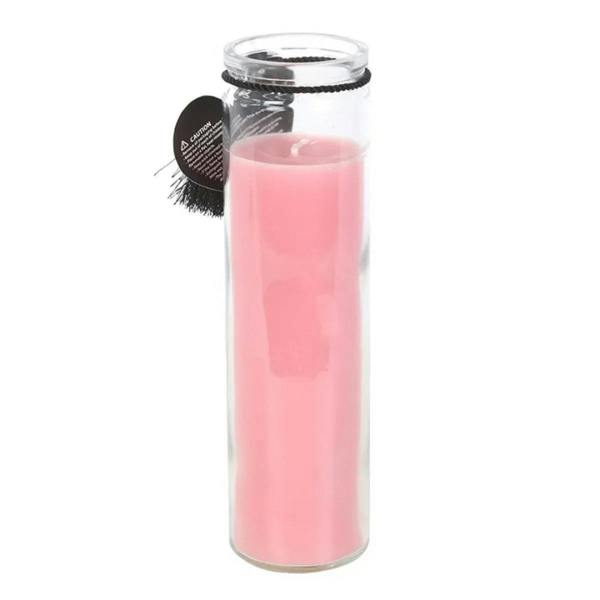 Pink tube candle with clear screw-top and black charm tassel on side