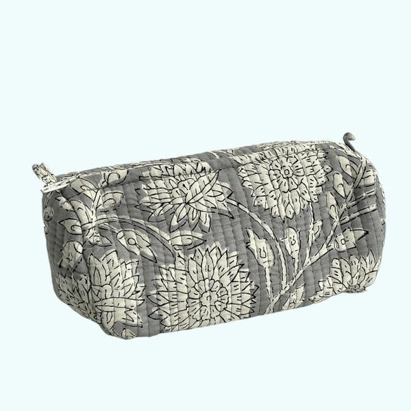 Hayley & Co Grey Floral Block Print Cotton Washbag, Make Up Bag, Pencil Case with Waterproof Lining - Pink Sunflower Print