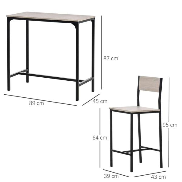 Bar table and two stools with backrests and footrests; shows size measurements