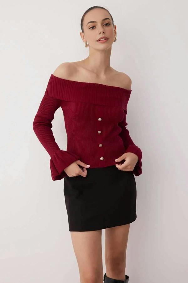 WOVCOR Fitted Carmen Collar Ribbed Knitwear Sweater