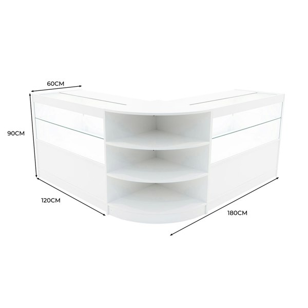 Andromeda LED Shop Counter Set in white, featuring a sleek corner design with glass display shelves and modern LED lighting