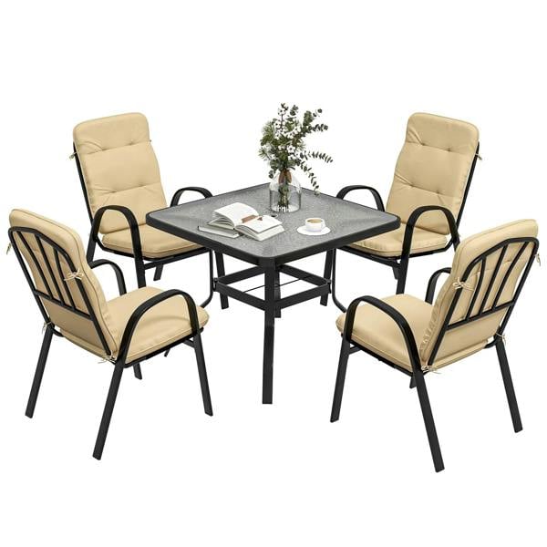 Outdoor dining set with square tempered-glass table and 4 beige cushioned armchairs