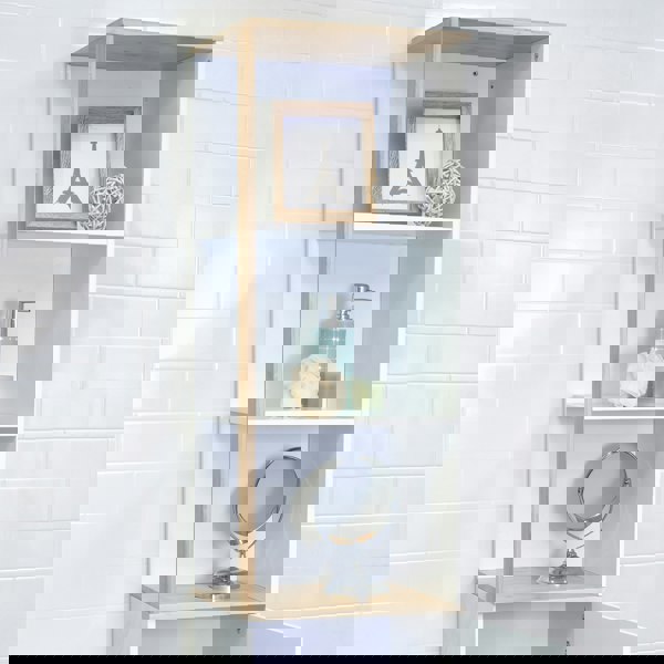 Showerdrape Catania Matt White & Bamboo Tall Bathroom Cabinet with Display Shelves