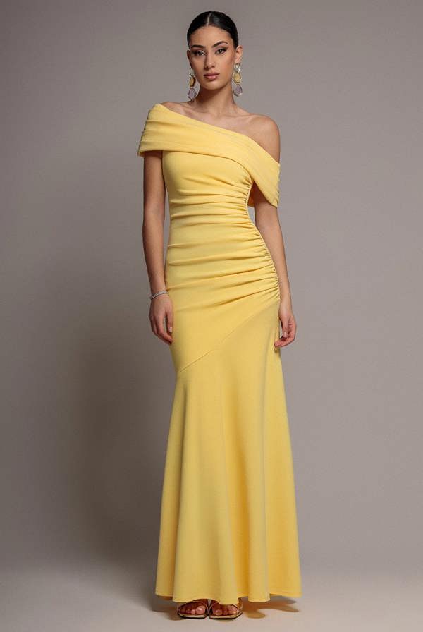 Pleated One Shoulder Bardot Fit And Flare Maxi Dress - Butter Yellow DR4909