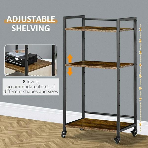 Adjustable 3-tier utility cart with black frame and rustic brown shelves on casters