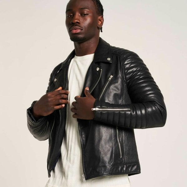 Barneys Originals Men's Leather Biker Jacket with Quilted Ribbed Sleeves