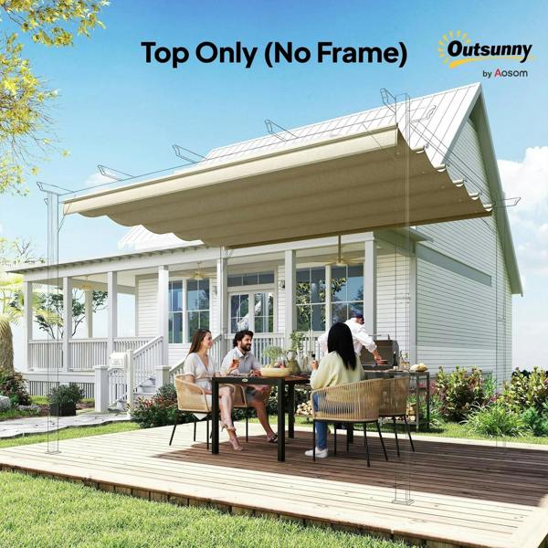 Beige retractable top-only pergola canopy cover over outdoor seating area