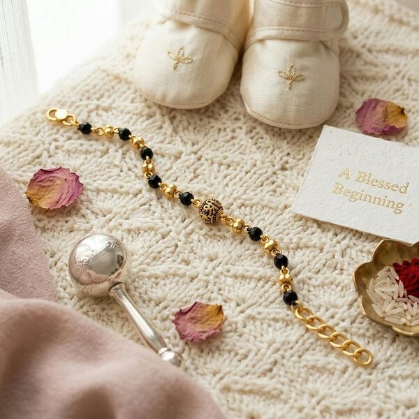 The Colourful Aura Gold Plated Black Faceted Bead Engraved Centre Charm Kids Nazaria Bracelet