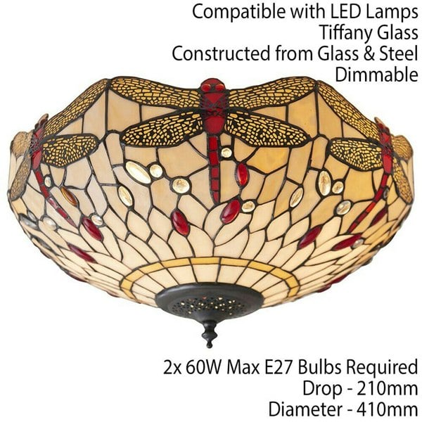 Tiffany Glass Semi Flush Ceiling Light Dragonfly Round Inverted Shade i00043 Loops