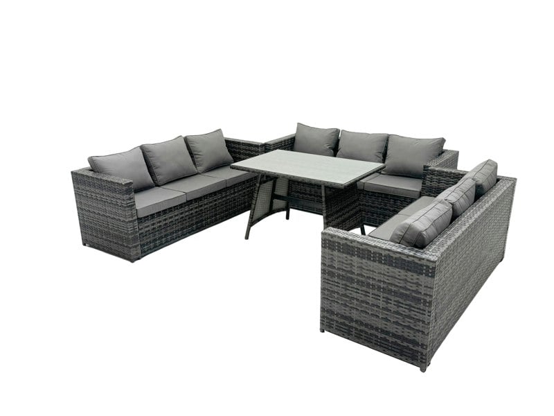 Fimous Outdoor Rattan Garden Furniture Lounge Sofa Set With Oblong Dining Table With Clear Tempered Glass