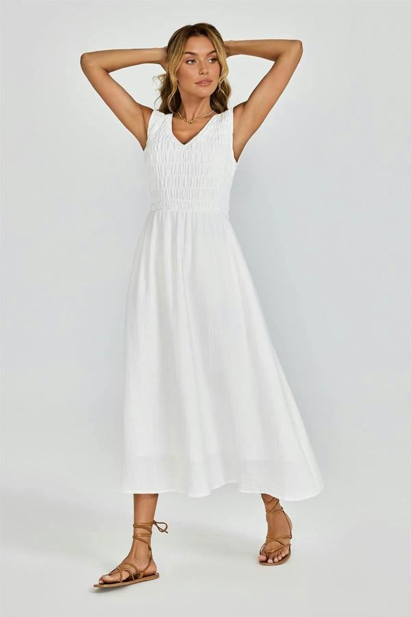 FS Collection Shirred Midi Dress with Sleeveless V-Neck In White