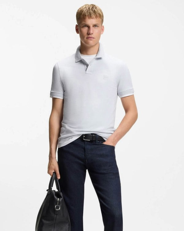 BOSS Orange Passenger Mens Stretch-Cotton Slim-Fit Polo Shirt with Logo Patch - Light/Pastel Grey 053