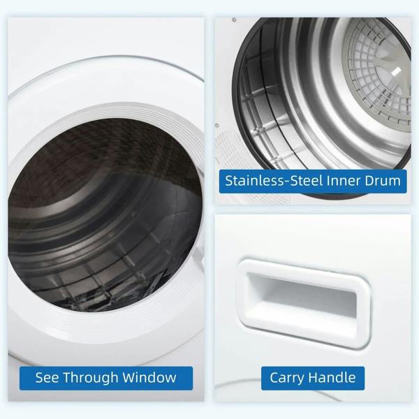 White countertop tumble dryer door with see-through window, carry handle, and inner drum