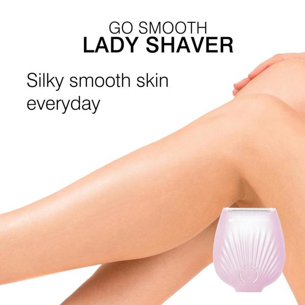A womans smooth legs are shown with a pink GO SMOOTH Lady Shaver by Rio nearby. Text reads: Effortless shaving for silky smooth skin every day.