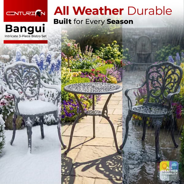 Centurion Supports BANGUI Grey Luxurious Garden and Patio Table and 2 Large Chairs with Armrests Cast Aluminium Bistro Set