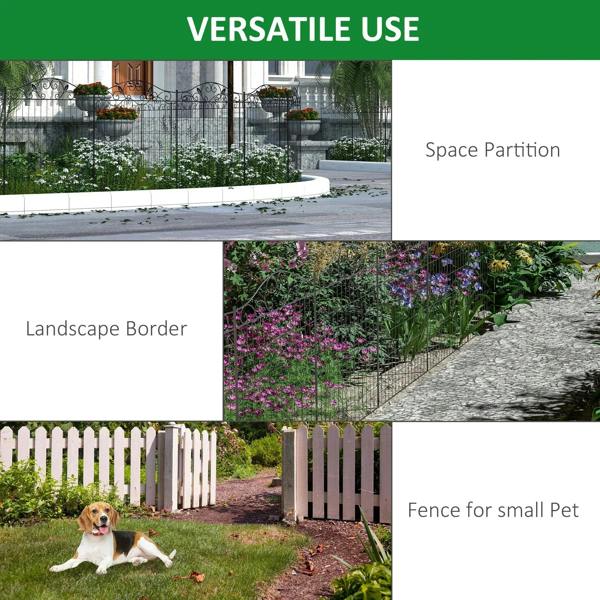 Black metal landscape border fence for garden beds with decorative scroll top