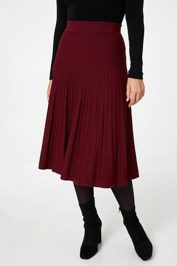 Red | High Waist Pleated Knit Midi Skirt
