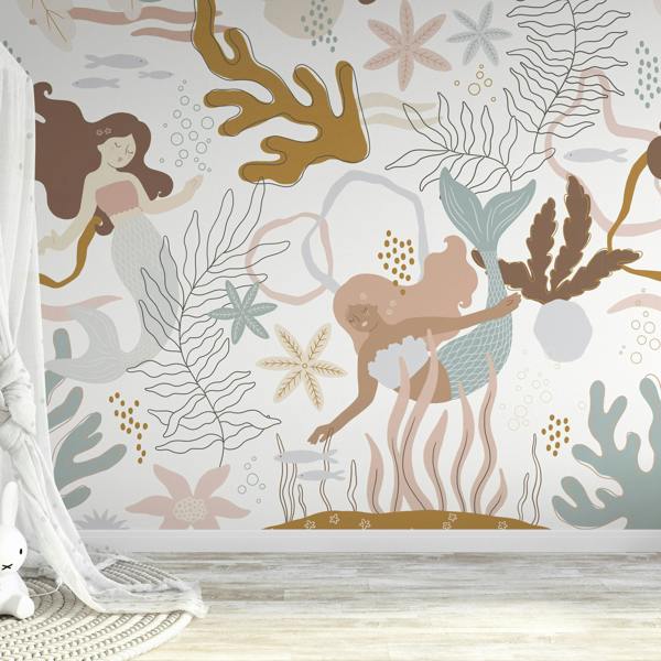 Roomblush Nursery Mermaids 6 Lane Repeatable Wallpaper Eco Mural 300 x 285cm, Pastel