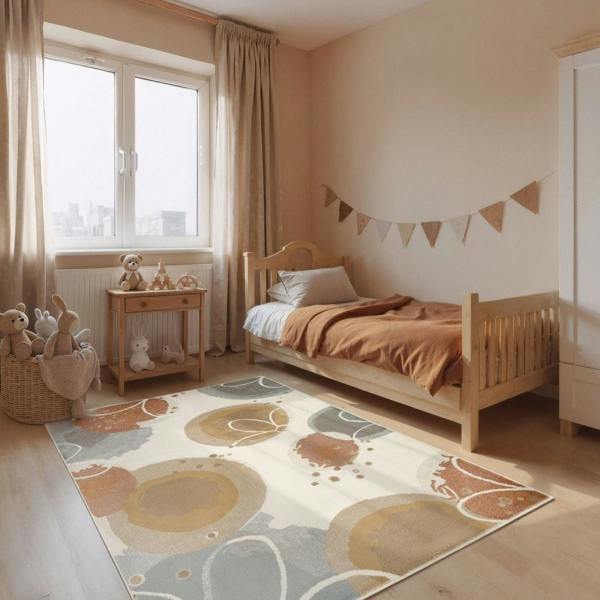 Children's bedroom with wooden bed, rug, and toys.