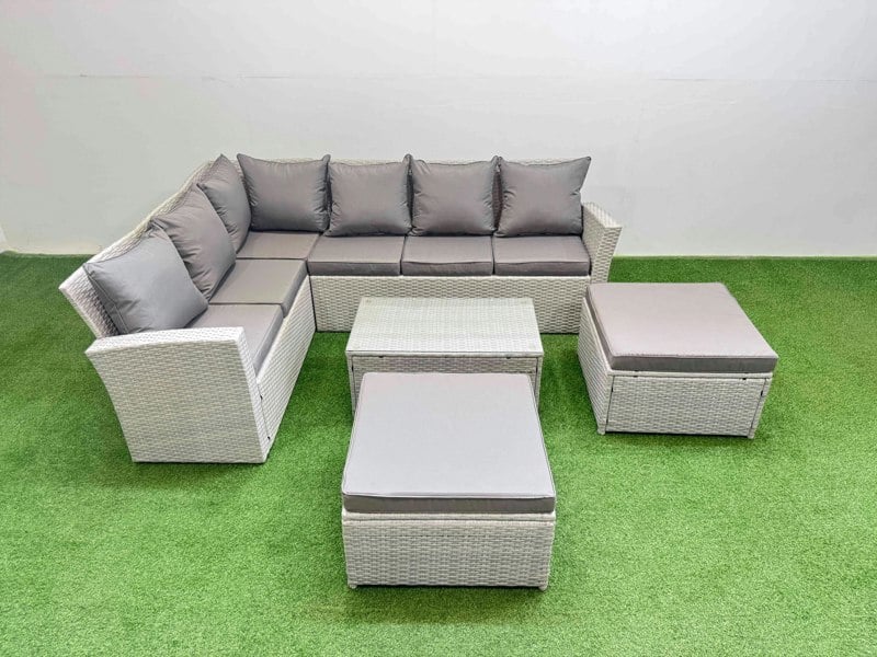 Fimous 8 Seater Garden Outdoor PE Rattan Furniture Set Rattan Garden Sofa Set with Oblong Coffee Table Light Grey Mixed