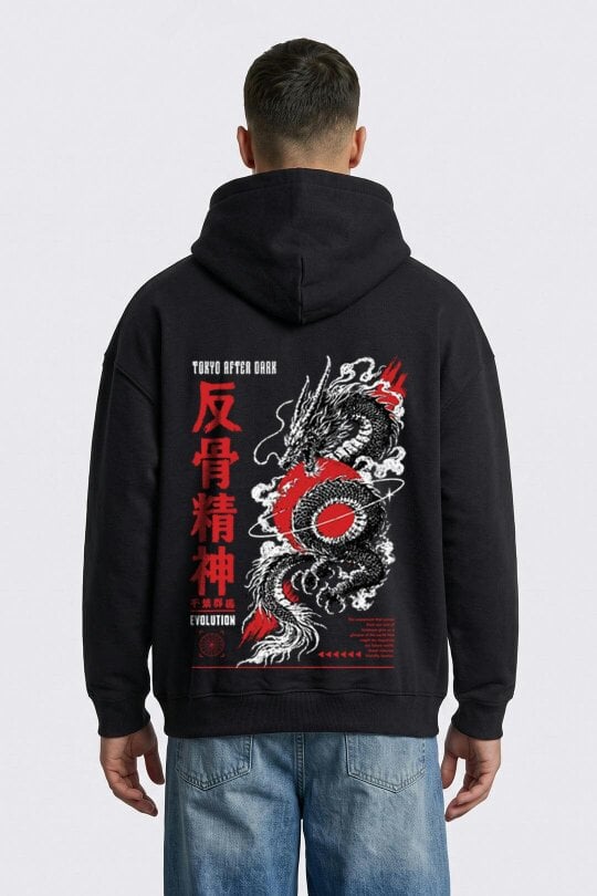 London Attitude Oversized Tokyo After Dark Graphic Hoodie in Black