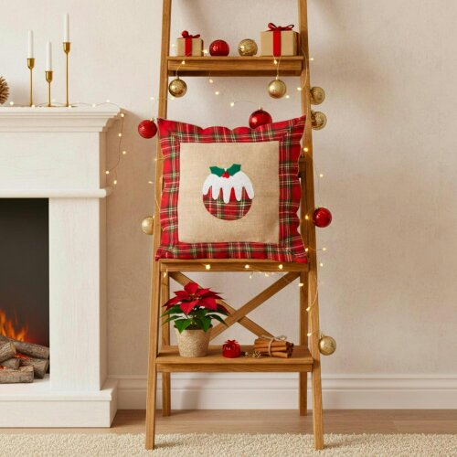 Shatchi 40x40cm 40x40cm Christmas Pudding Cushion Cover in Brown Hessian and Non-Woven Fabric
