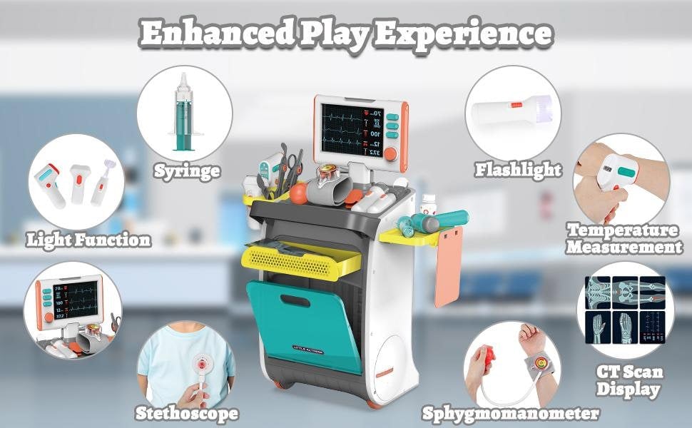 deAO Toys Doctor Kit for Toddlers, Kids Pretend Medical Station Set with Mobile Cart, Height Measuring Rod, Thermometer, Stethoscope
