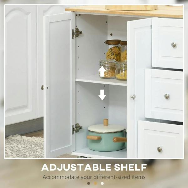 White kitchen island cart with adjustable inner shelf and open cabinet doors