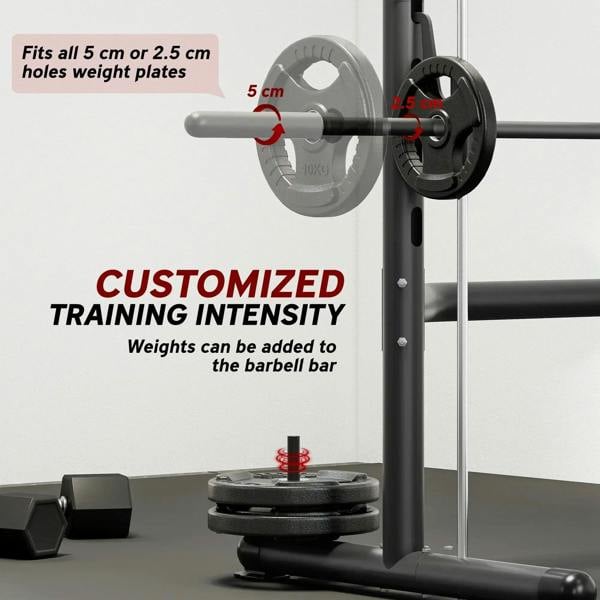 Black barbell rack with weight plate storage and adjustable support holes