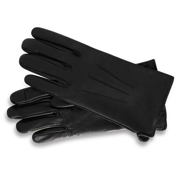 Plain black leather gloves for women shot against a white background, unworn.
