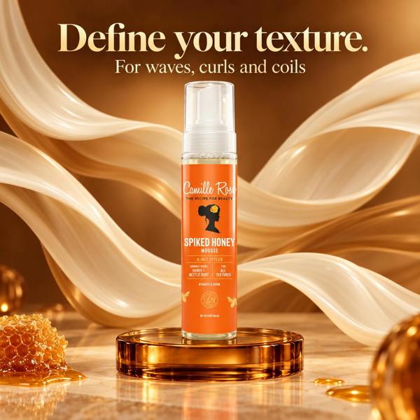 Camilly Rose Spiked Honey Shine hair spray bottle displayed on a gold pedestal with honey-themed decorative elements and flowing gold background textures.