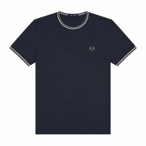 Dark airforce blue cotton t-shirt with ecru and seagrass twin tipped collar and cuffs and embroidered laurel wreath.