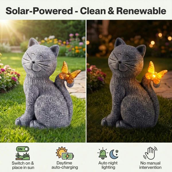 Emitto Cat Garden Ornaments Outdoor Resin Gray Orange Solar LED Decor