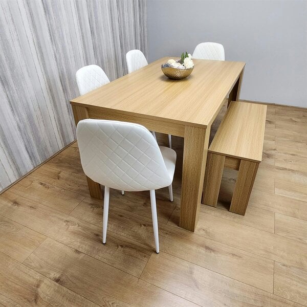 Kosy Koala Wooden Dining Table Set for 6 Oak Effect Table With 4 White Gem Patterned  Chairs and 1 Bench