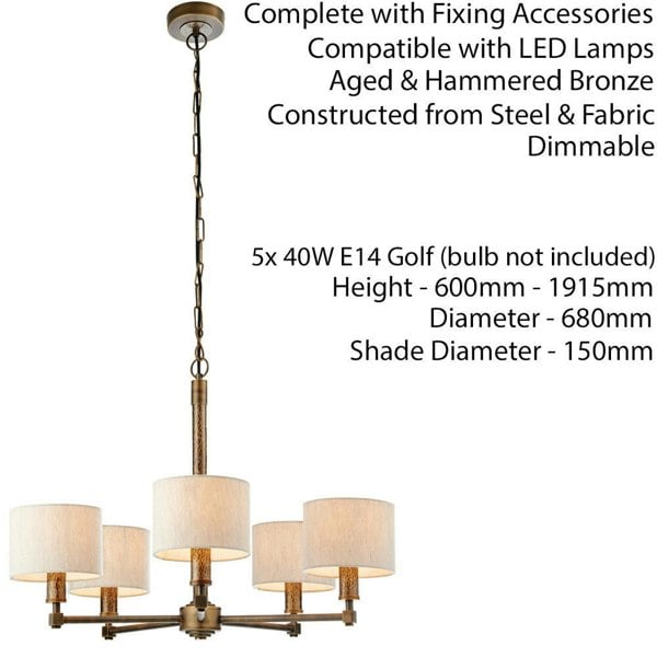 Multi Light Ceiling Pendant 5 Bulb BRONZE White Shade Vintage Chandelier Lamp Loops