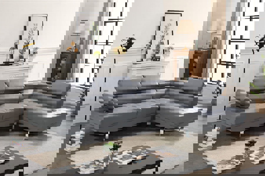 SQUAREBOXX Fidenza Leather Corner Sofa in Grey