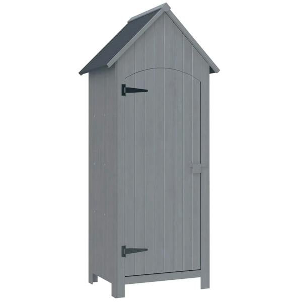 Grey wooden garden storage shed with tilt roof and lockable door, front view