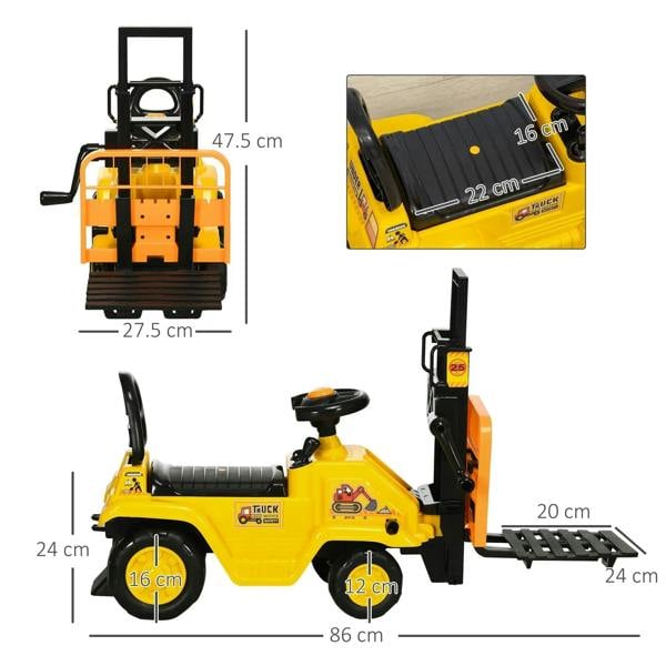 Yellow kids ride-on forklift truck with fork and lift frame shown with size measurements
