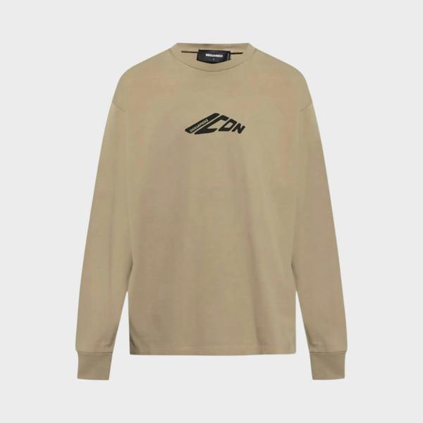 Supplied Fashion Dsquared2 beige long sleeve loose fit tee with black graphic logo on chest