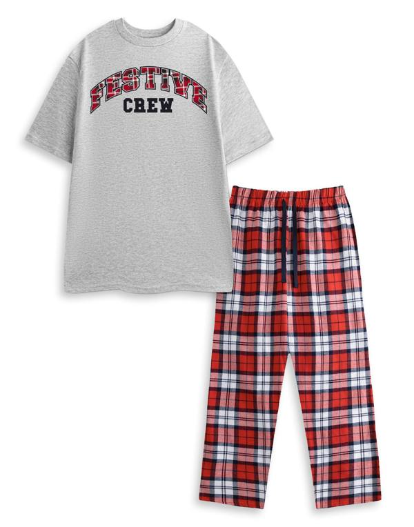 Show Me The Merch Unisex Grey Festive Crew Short Sleeve Long Leg Pyjama Set