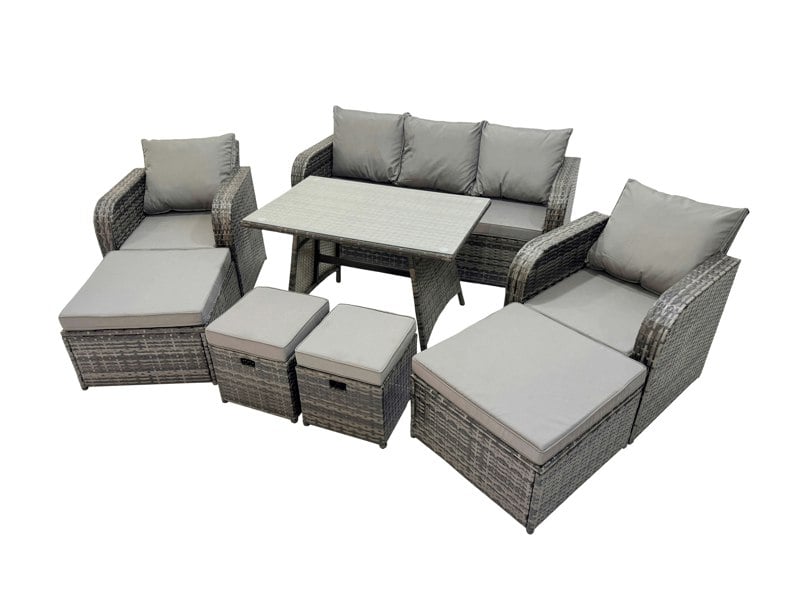 Fimous Garden Rattan Outdoor Furniture Set 9 Seater with 3 Seater Sofa 2 Big Stool 2 Small Stools Dark Grey
