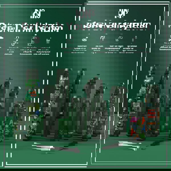 Several dark-green water bottles, some with child-friendly designs, are displayed on a green surface; "ION8 Refresh Your Hydration" is at the top.