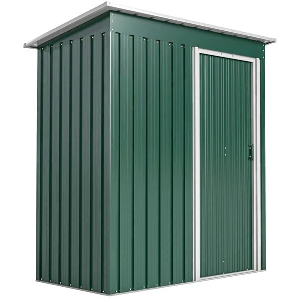 Green metal garden storage shed with sloped roof and sliding door, front view