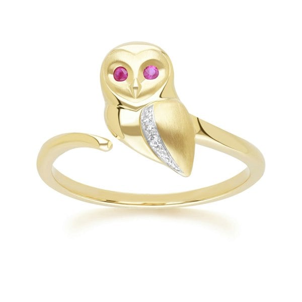 Gemondo Gardenia Ruby and White Sapphire Owl Ring in 9ct Yellow Gold