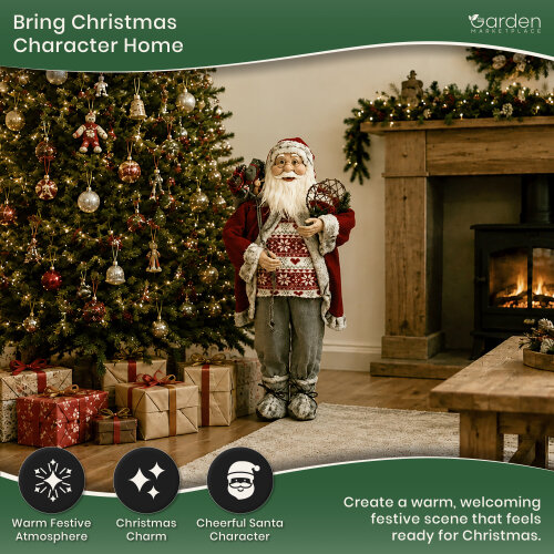 90cm Freestanding Father Christmas Figure with Presents Sack & Snowshoes, Rustic Santa Decoration with Fabric & Wool Clothing