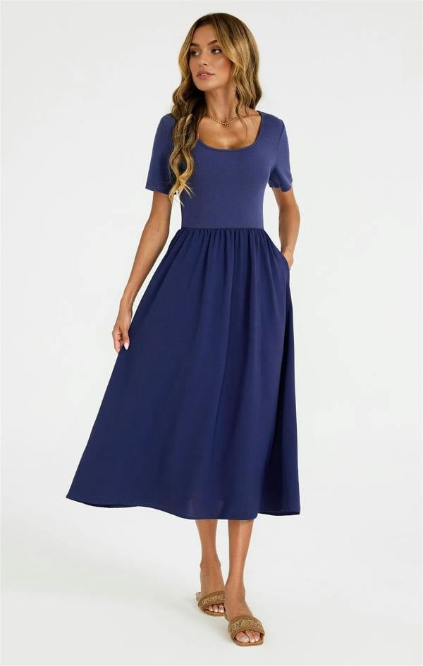 FS Collection Short Sleeve Jersey Bodice Midi Dress with Pockets In Navy
