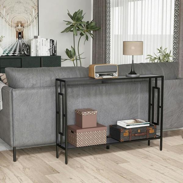 Black frame grey console table with open shelf and side panels